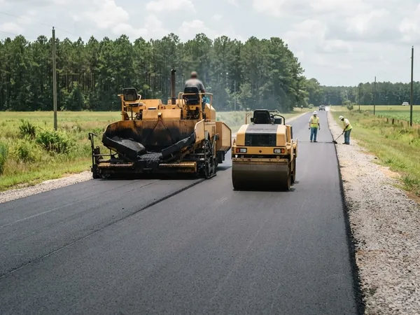 Asphalt paver and roller laying a new rural road through farmland