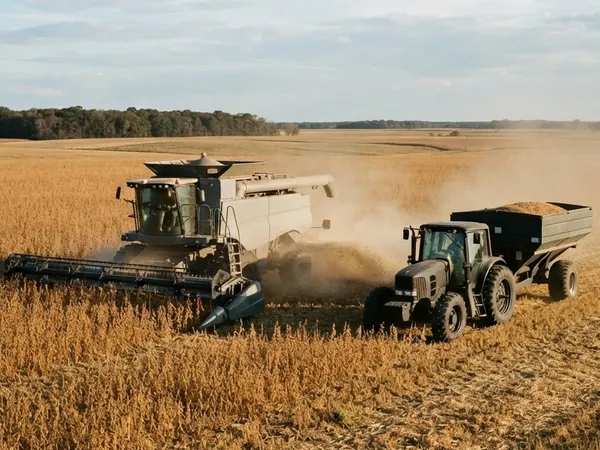 Combine and tractor with grain cart harvesting soybeans