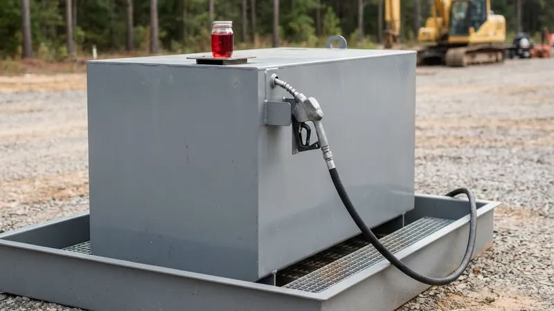 Sample jar of red-dyed off-road diesel on a job-site skid fuel tank