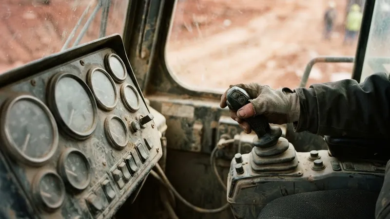 Operator's hand on the joystick beside engine gauges in a heavy equipment cab