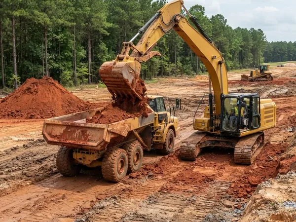 Excavator loading red clay into an articulated haul truck on a civil construction site