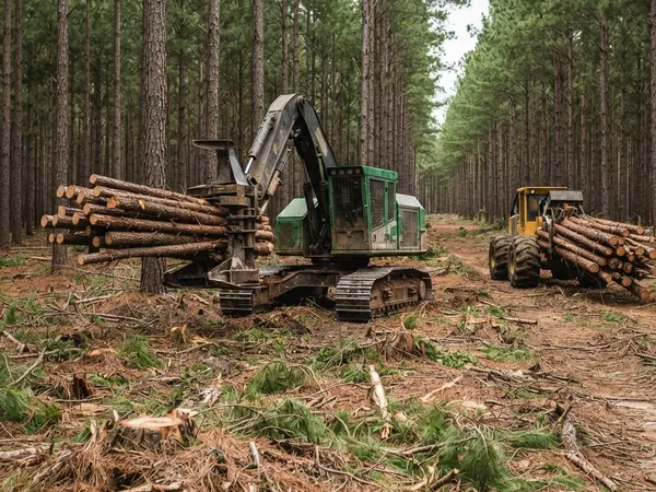 Feller buncher and grapple skidder harvesting a Southern pine plantation