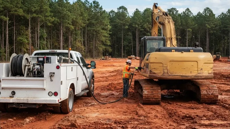 Fuel service truck fueling an excavator on a red clay job site
