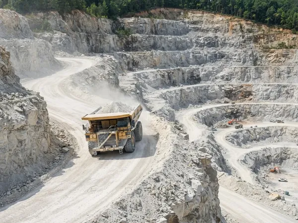 Off-highway haul truck climbing a haul road in a limestone quarry