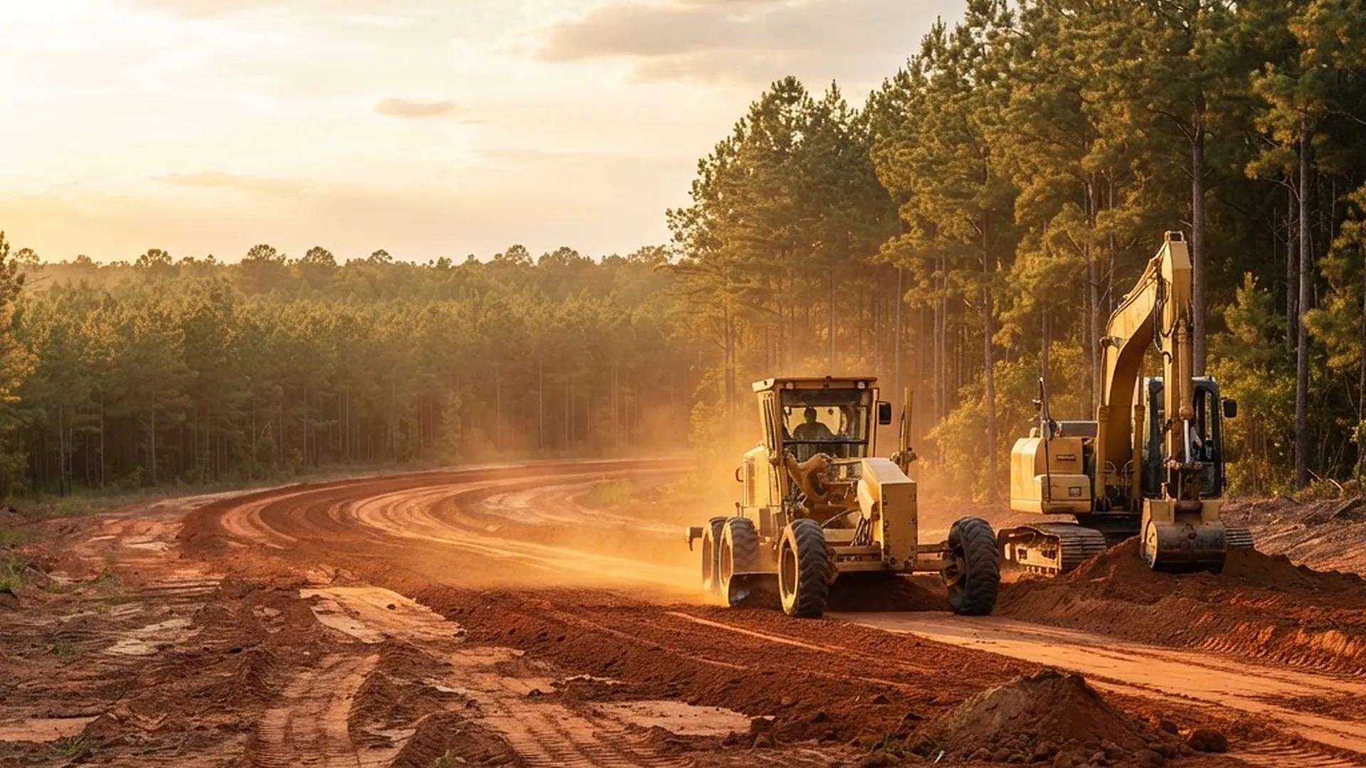 Motor grader and excavator building a red clay road through a Southern pine forest at golden hour