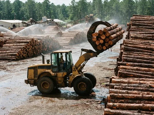 Log loader stacking pine logs at a sawmill log yard