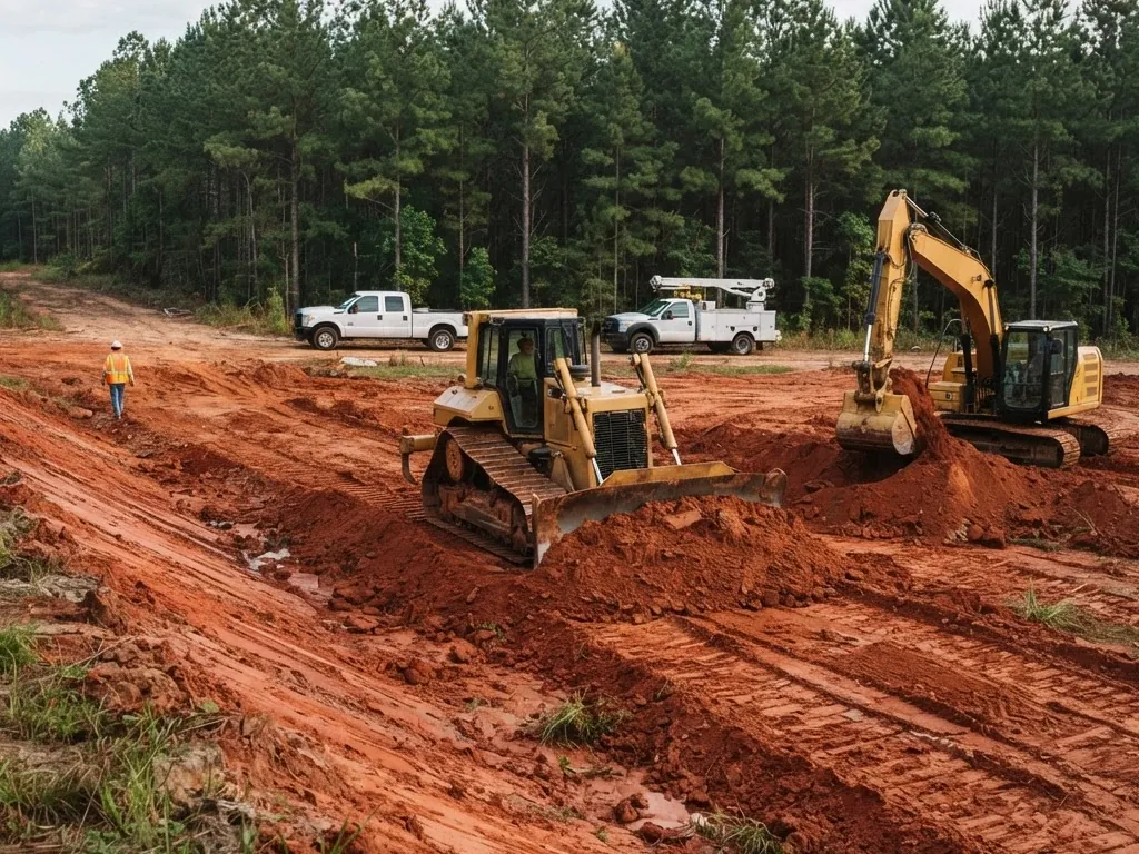 Mixed fleet on a red dirt site-prep job: bulldozer, excavator, pickup and service truck beside a pine forest
