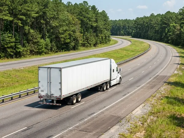 Tractor-trailer on a rural four-lane highway lined with pines