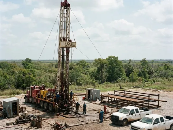 Workover rig and service pickups on a gravel oil field pad